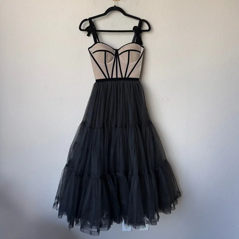 Milla Black Velvet Corset Tulle Midi Princess Dress Size XXS - Picture 2 of 4